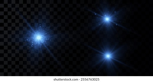 Bright particles, burning blue lights, stars, lasers. Vector.