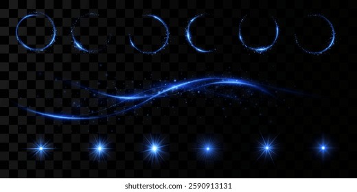 
Bright particles, burning blue lights, stars, lines, frames. Vector.