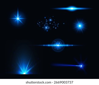 Helle Teilchen, brennende blaue Lichter, Sterne, Laser. Vektor.