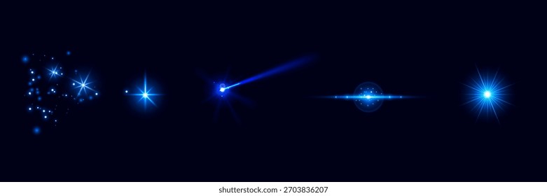 Bright particles, burning blue lights, stars, lasers. Vector.