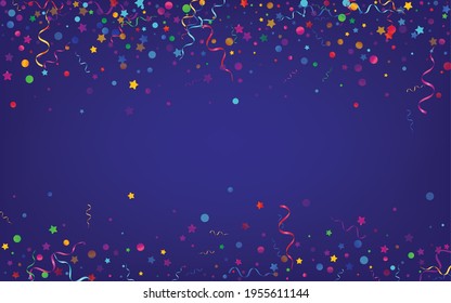 Bright Particles Falling Vector Blue Background. Happy Serpentine Branch. Star Paper Design. Red and Yellow Fun Illustration.
