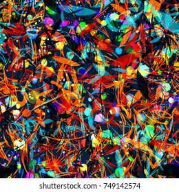 Bright particles on black backdrop. Spots and strokes. Like stylized floral template. Seamless texture. Abstract vector background for web page, banners, fabric, home decor, wrapping, boho design