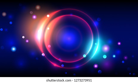 Bright party background, neon glowing circles, abstract multicolor round frame, bokeh