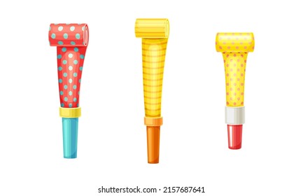 Bright party blowers set. Happy birthday party, holiday celebration symbols cartoon vector illustration