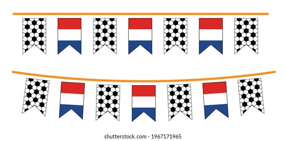 Bright party bunting flag with the flag of the Netherlands. Football net pattern. Soccer ball party buntings flags. Funny vector sport icon. Sport finale or school game cup. 