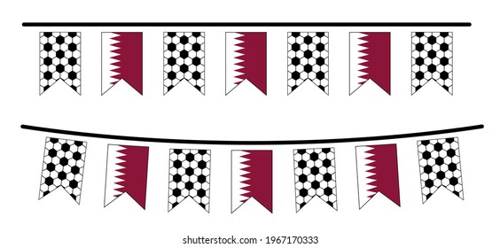 Bright party bunting flag with the flag of Qatar. Football net pattern. Soccer ball party buntings flags. Funny vector sport icon. Sport finale, game cup.