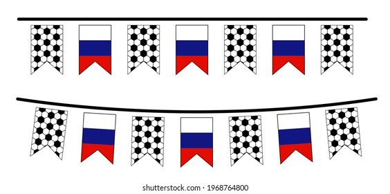 Bright party bunting flag with the flag of Russia. Football net pattern. Soccer ball party buntings flags. Funny vector sport icon. Sport finale or school game cup. 