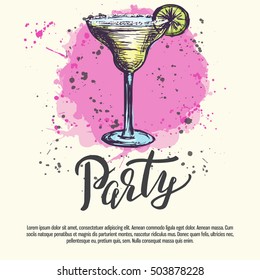 Bright party poster with hand drawn margarita cocktail