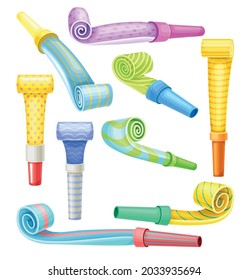 Bright Party Whistle as Birthday Toy and Accessory for Blowing and Making Sound Vector Set