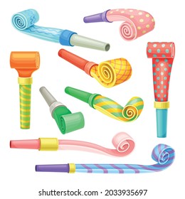 Bright Party Whistle as Birthday Toy and Accessory for Blowing and Making Sound Vector Set