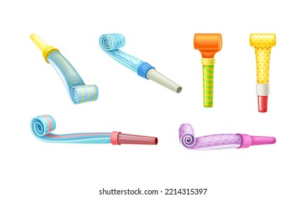 Bright Party Whistle as Birthday Toy and Accessory for Blowing and Making Sound Vector Set