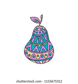 Bright party-colored pear with leaf. Hand drawn vector. Can be used like healthy nutrition design element or baby food, vitamins label. Also like juice or cider label.