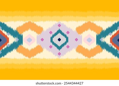 Patrón de Ikat pastel brillante con motivos de diamantes y chevrones sobre fondo amarillo Diseño de inspiración étnica para textiles, Fondo de pantalla y decoración del hogar