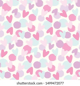 Bright Pastel Pink, Mint, Lilac Hearts And Dots Circles In Seamless Surface Vector Pattern. Vintage Vibe.