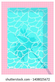 Bright pastel pink swimming pool tiles, turquoise water ripples surface and shadow of coconut/ palm tree, easy sunday illustration background template