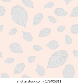 Bright pastel seamless pattern with light grey raspberry leaves. Plain shadeless background with blackberry or raspberry leaves for decoration.