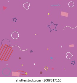 Bright Pastel Wave Hearts Zigzag Ring Violet Hipster Background. Oval Polygonal Red Circle Pink Orange Yellow Geometry Illustration. Blue Colorful Simple Purple Stars Lime Green Background.