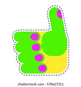 Bright patch hand ok gestures icon. Sign of body language and touch gestures. Flat vector cartoon illustration. Objects isolated on a white background.
