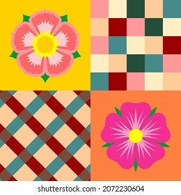 Bright patchwork with floral and geometric patterns. Vector design.