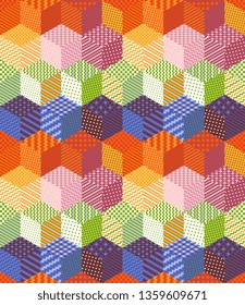 Bright patchwork pattern from colorful patches with geometric ornaments. Seamless vector illustration of quilt. Isometric design.