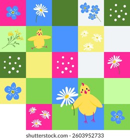Bright patchwork pattern with cute chicken, flowers, spring quilt vector seamless background,
