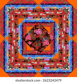 Heldere patchwork patroon in folk stijl. Variegated stripes, oranje driehoeken en een grote rhombus met bloemen, bladeren, vlinders en snoep. Mooi etnisch ontwerp voor een tafelkleed, tapijt, bed
