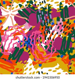 Bright Patchwork Shapes Vector Seamless Pattern. Art Drawing Illustration. Pink and Yellow Fun Background. Bright Brush Print.