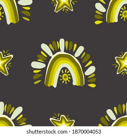 Bright patern with rainbow and stars yellow background on a dark background. Seamless pattern for printing on textiles and wallpapers.