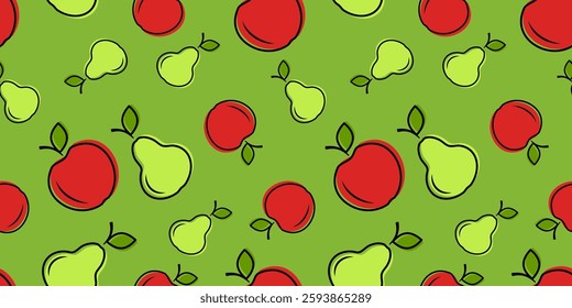 Bright pattern with apples and pears on a green background. Seamless repeating pattern. Cute fruit print for backgrounds, textiles, kitchen, wallpaper. Vector illustration.