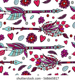 Bright pattern with arrows, flowers, feathers and hearts in hippie style. Vector illustration.