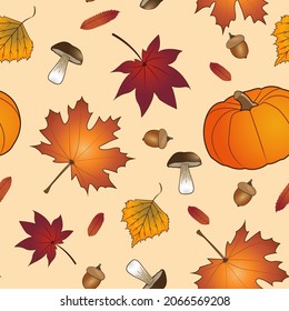 Bright pattern of autumn leaves of juicy pumpkin of forest mushrooms and acorns