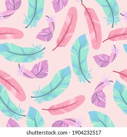 bright pattern of bird feathers. seamless pattern in pastel colors. vector illustration drawn in cartoon style isolated on white background