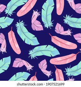 bright pattern of bird feathers. seamless pattern in pastel colors. vector illustration drawn in cartoon style isolated on white background