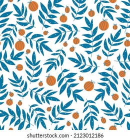 Patrón luminoso con ramas azules y bayas sobre un fondo blanco. Fondo floral sin soldadura, textura vectorial para ropa de cama para niños, tela, papel tapizado, papel de envoltura, textil.