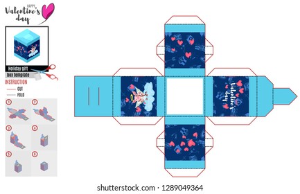 bright pattern box for valentine's day with cupid pig vector