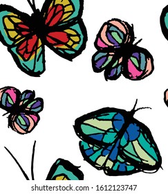 bright pattern with butterflies. Paints paint, hand drawn butterflies. Pattern for textiles. Girlish background
