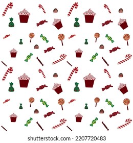 Bright Pattern With Candies And Christmas Cake White Background