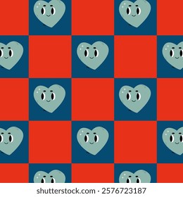  a bright pattern with cartoon hearts on a background of blue and red squares