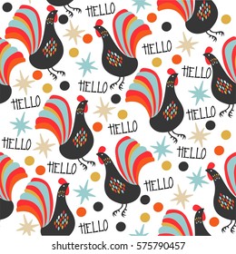 Bright pattern with cartoon rooster and says "Hello." Seamless, vector.