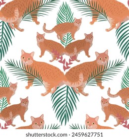 Bright pattern with cats and palm leaves. Vector illustration.