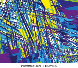 Bright pattern with chaotic lines and geometric shapes. Digital graffiti. Vector illustration
