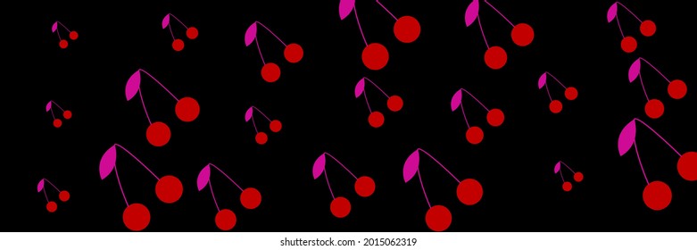 Bright Pattern Cherries Tasty Colorful Repeat Pink Vitamin Illustration. Berries Black Design Textile Red Retro Sweet Vintage Pattern. Fruit Illustration Summer Print Dessert Cute Dark Wallpaper.
