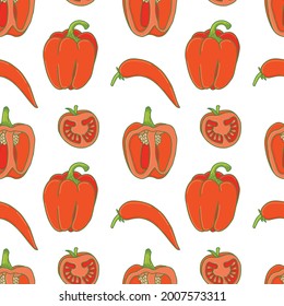 A bright pattern of cherry tomatoes, red Bulgarian and chili peppers on a white background. Seamless vector illustration of vegetables on a botanical theme for printing on fabric, clothing, packaging