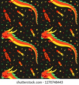 Bright pattern for the Chinese New Year. Dragon and festive elements. Hand drawn style, vector illustration. For textiles, fabrics, souvenirs, packaging and greeting cards.