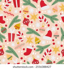 Bright pattern with Christmas symbols. Vector seamless texture with candy canes, Christmas tree toys, snowflakes, Santa Claus hat in flat style. Template for wrapping paper