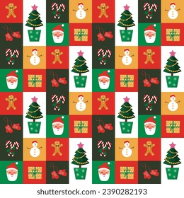 A bright pattern of colored blocks. Christmas and New Year. Santa Claus and snowman, candy cane and holly, fir tree and gifts. Vector. For textiles, clothing, packaging, social networks and web pages