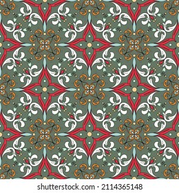 Bright pattern of colored decorative lace elements. Seamless background in baroque style, white, red and orange twigs with swirls. Ideal for any of your design or project.