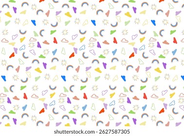Bright pattern of colorful clouds, rainbows, suns on white background. Joyful and cheerful design for kids, spring and happiness themes. seamless  pattern vector. For backdrop, wallpaper, fabric 