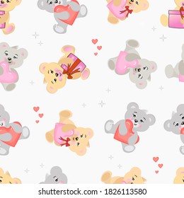 Bright pattern with cute bears, with hearts and gifts. 
Vector design.