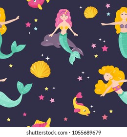 Bright pattern with cute mermaids, fishes and sea shells.